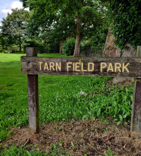 Wooden sign with yellow writing 'Yeadon Tarn Park', with grass behind.