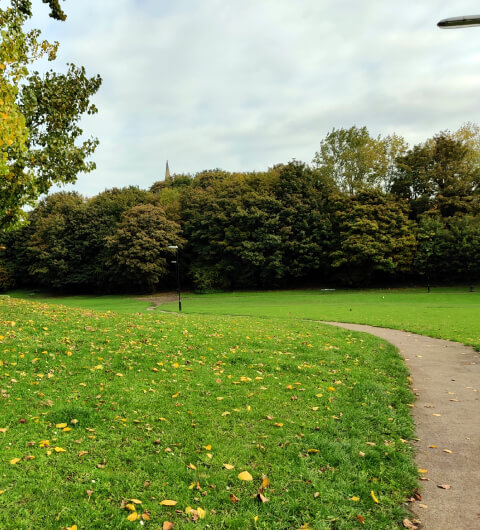 Winding concrete path across Burley Village Green, surrounded by tall trees