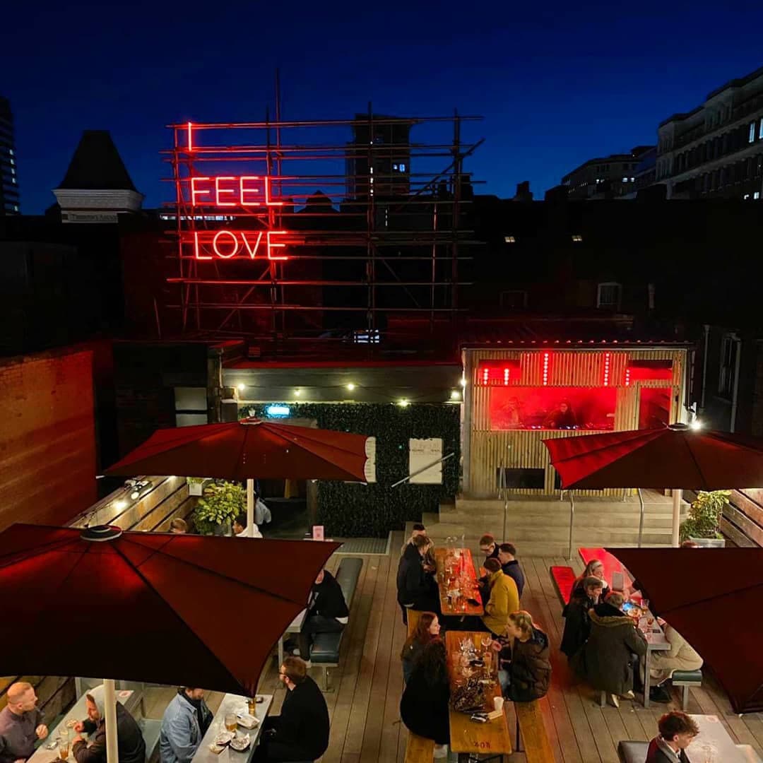 Headrow House rooftop bar at night
