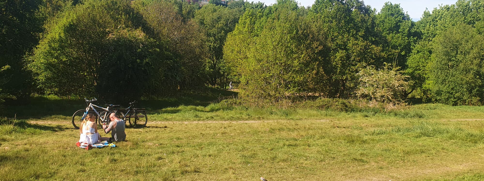 Two people with bikes with a picnic on a field near Post Hill