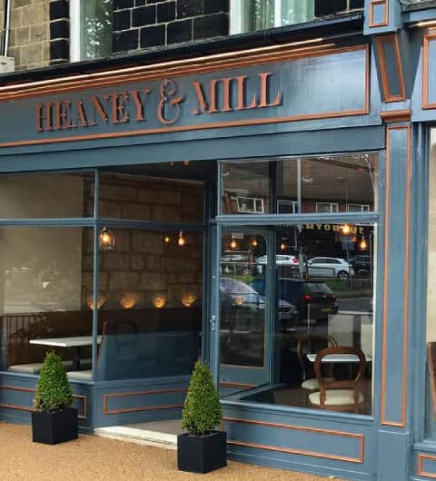 Outside Heaney and Mill on an overcast day