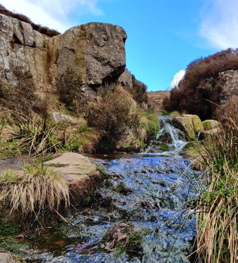 Ilkley Moor stream and blue sky