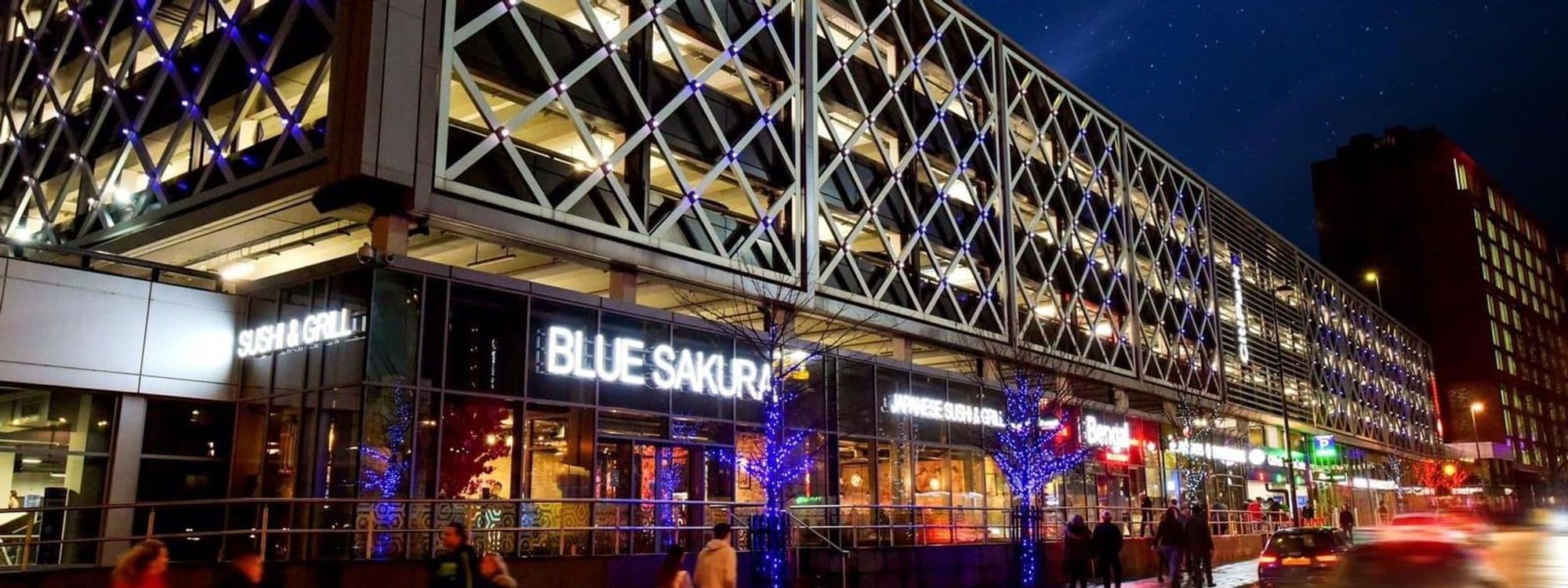 Exterior view of Blue Sakura restaurant at night with illuminated signage, blue decorative lights on trees, and a modern building facade.