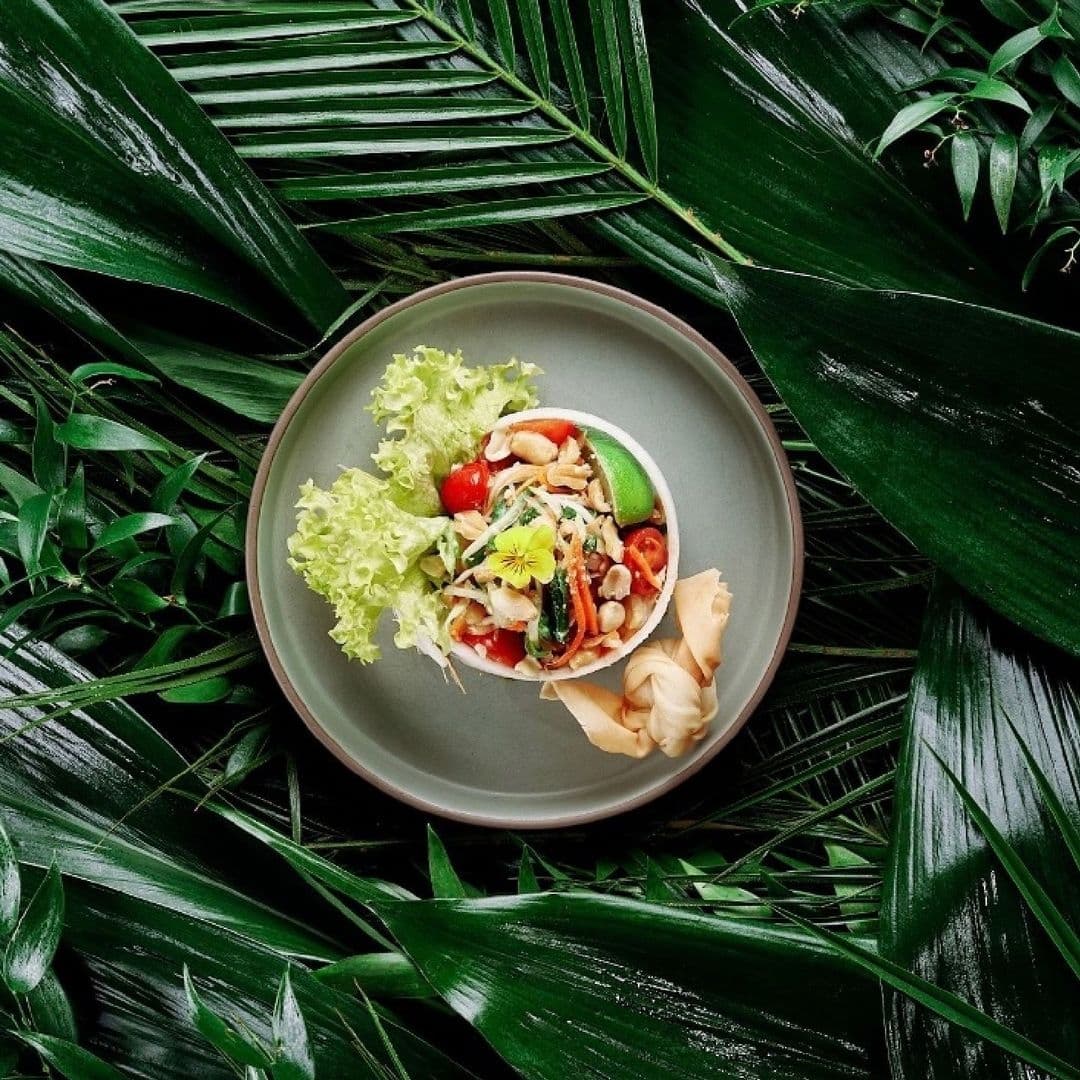 Fresh Thai salad served on a gray plate surrounded by lush green tropical leaves at Chaophraya.