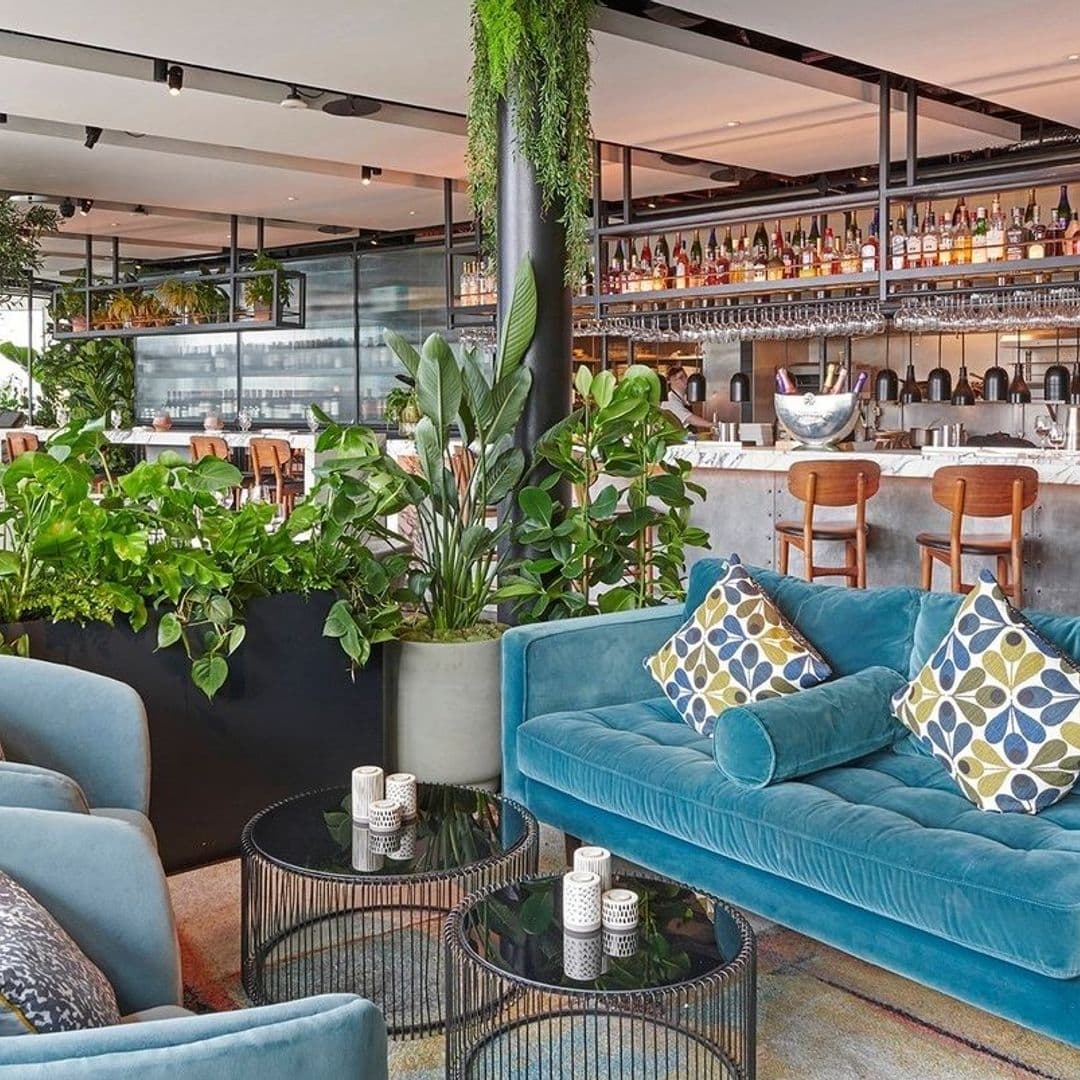 Interior of Crafthouse showing a stylish lounge area with plush blue sofas, patterned cushions, round black metal tables, and lush green plants, with a well-stocked bar in the background.
