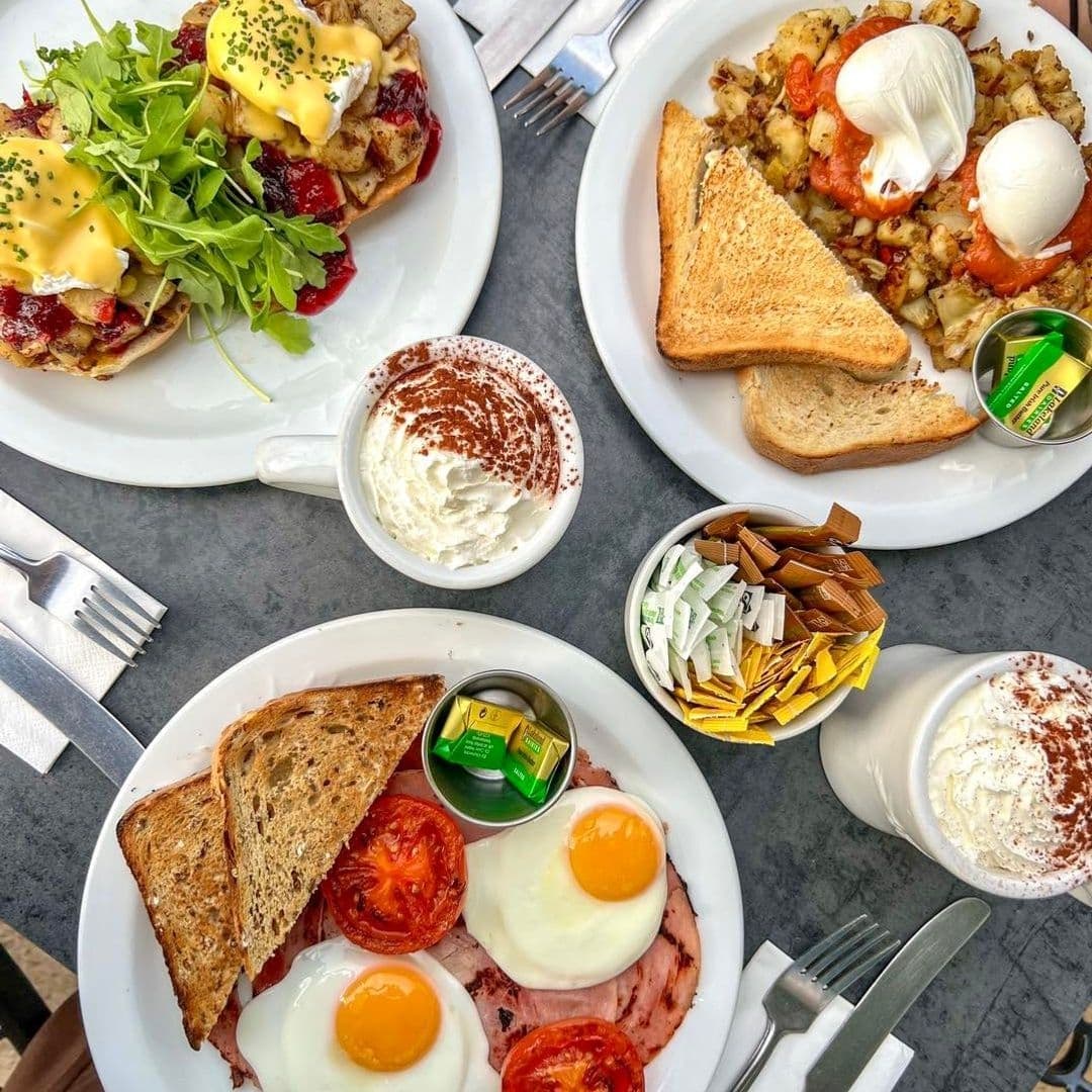 Delicious breakfast spread at Moose Coffee featuring eggs benedict with arugula on waffles, poached eggs with grilled tomatoes and ham, slices of toast, and two cups of whipped cream-topped hot chocolate, all arranged on an outdoor table.