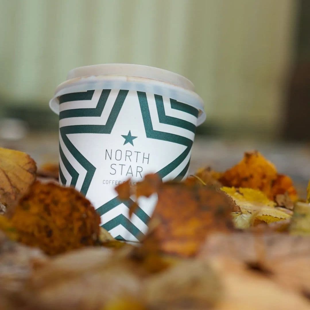Close-up of a North Star Coffee Shop takeaway cup surrounded by autumn leaves.