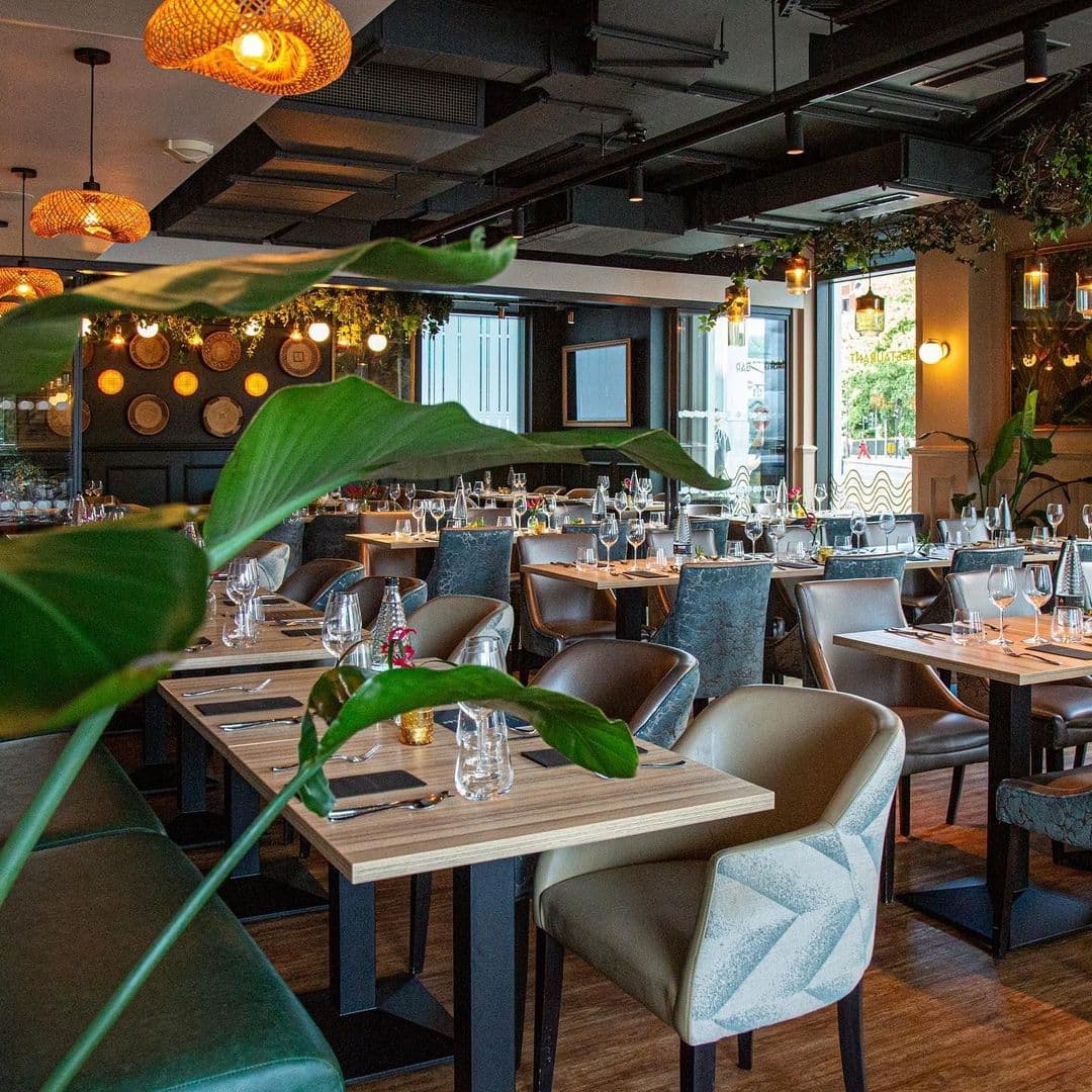 Elegant dining setup at Ma-Hé Coastal Indian with neatly arranged tables, stylish chairs, and warm lighting under a modern ceiling, accented by green plants and decorative elements.