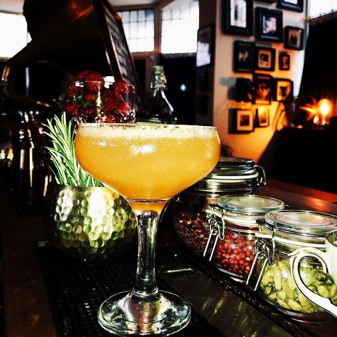 Craft cocktail in an elegant glass garnished with rosemary, with jars of botanicals and a backdrop of framed pictures at Tailors Gin.
