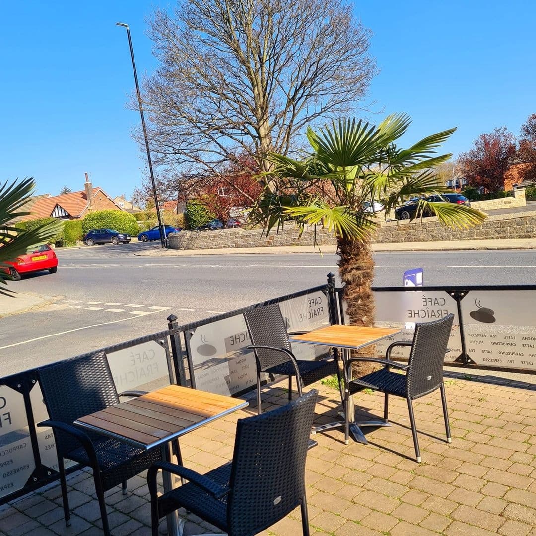 Outdoor seating at Cafe Fraiche with tables and chairs on a sunny day, featuring a palm tree and a view of the street.
