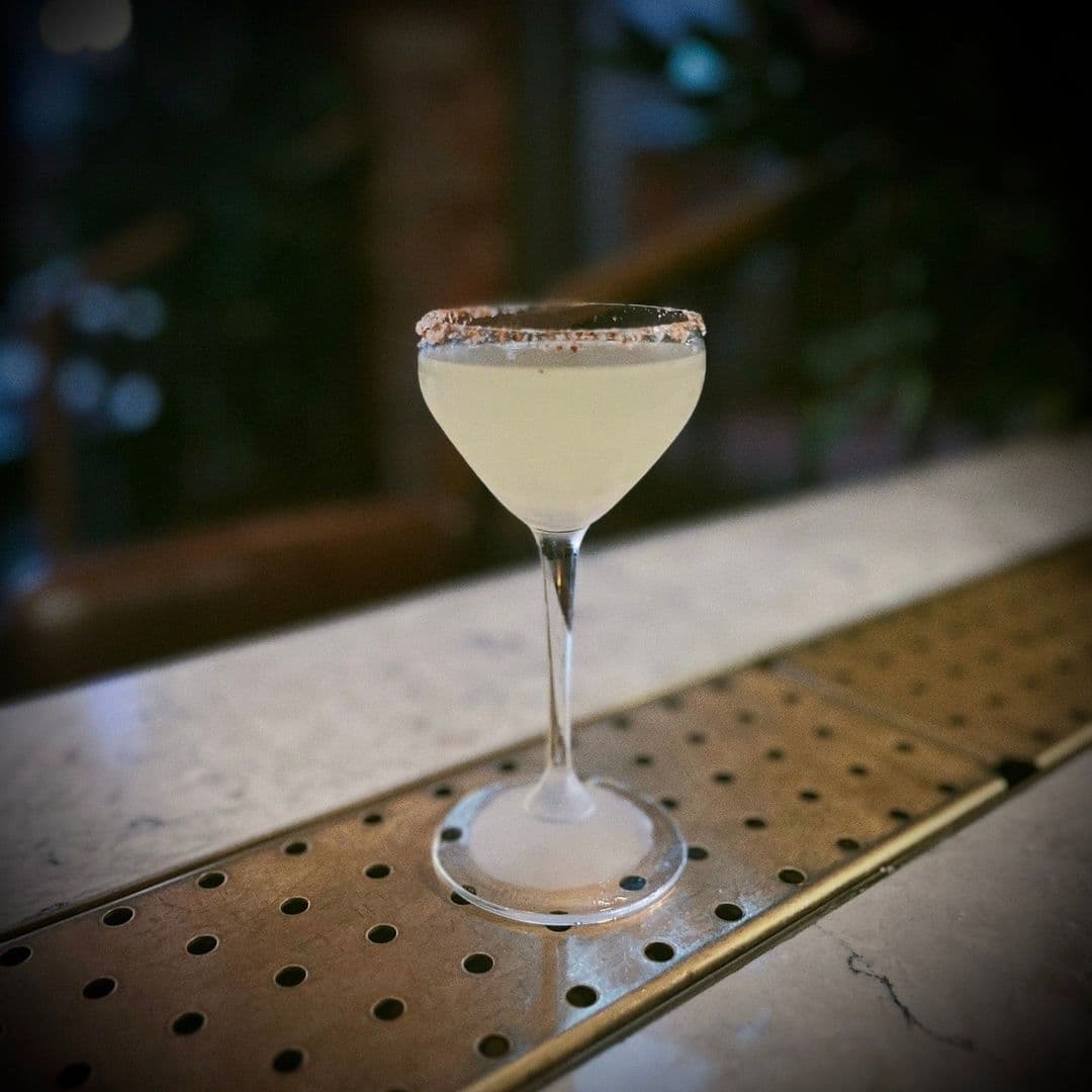 Elegant cocktail with a salted rim served at Farrands Bar, placed on a metal counter with a blurred background.