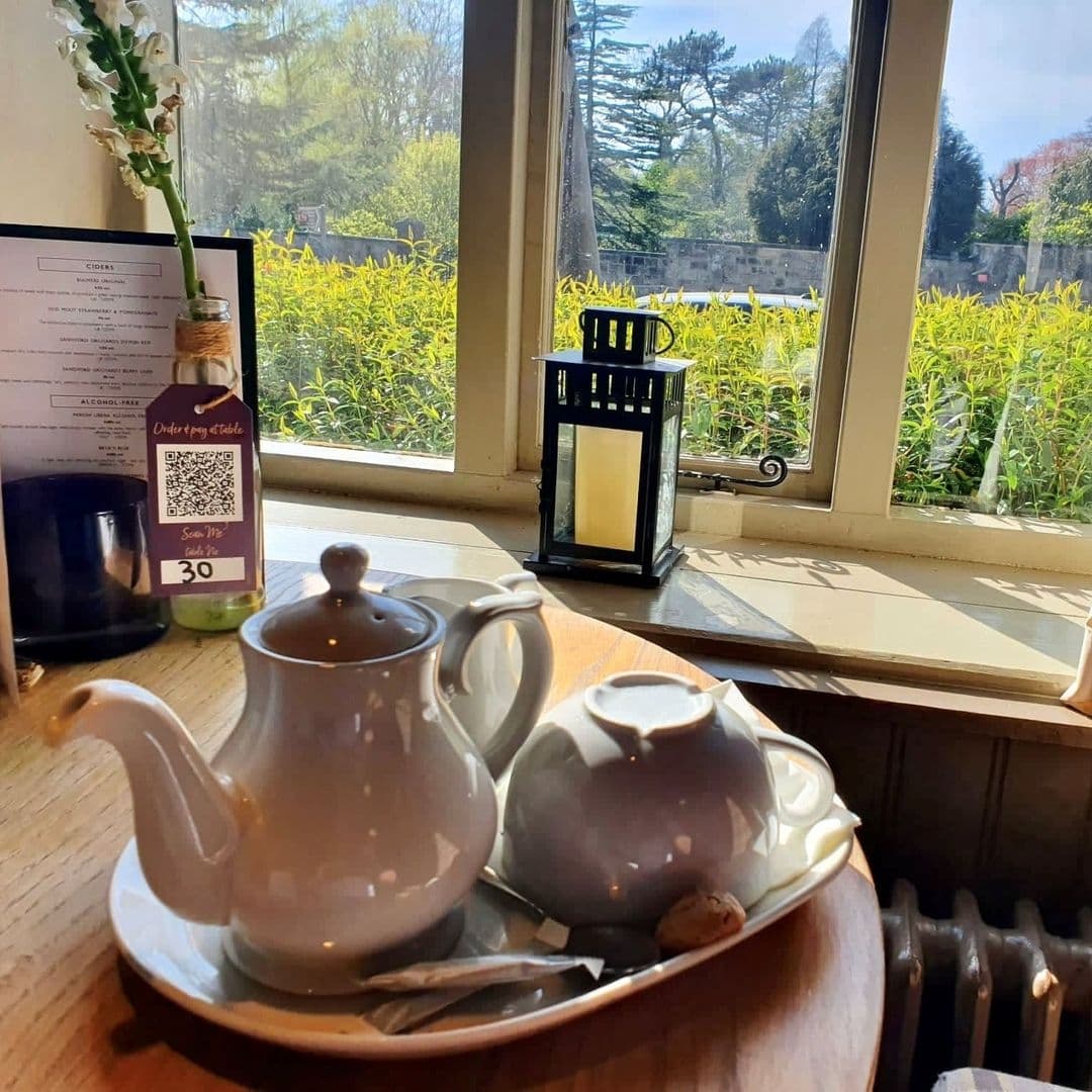 Cozy tea setting by a window with a view of greenery at The Roundhay Fox, featuring a white teapot, cup, and a menu on a wooden table.
