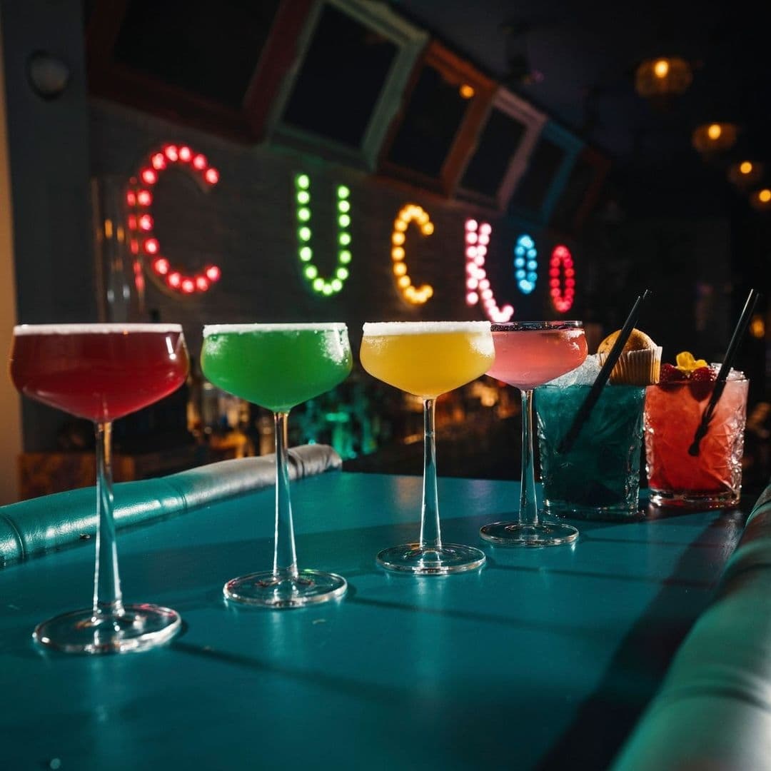 Colorful cocktails on a bar counter at Cuckoo with illuminated letters of the bar's name in the background.