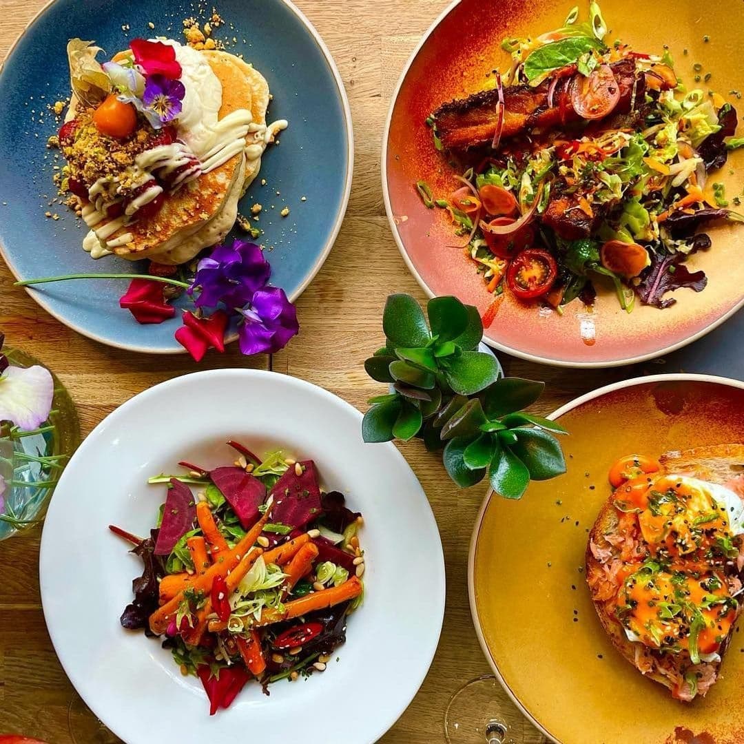 Alt text: "Assorted gourmet dishes at Olive & Rye featuring colorful salads, pancakes with toppings, and a smoked salmon toast, beautifully garnished and presented on vibrant plates."