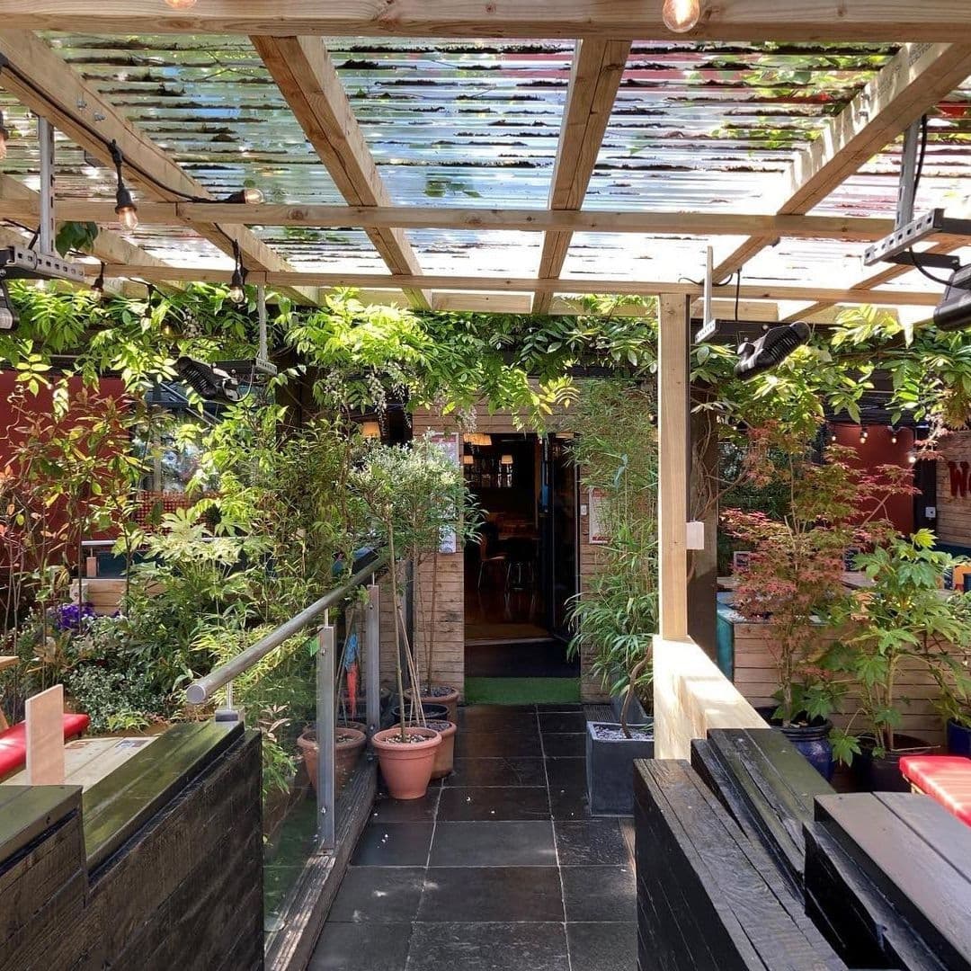Alt text: "Cozy outdoor seating area at The Woods with wooden benches, lush greenery, and a transparent roof allowing natural light to filter through."