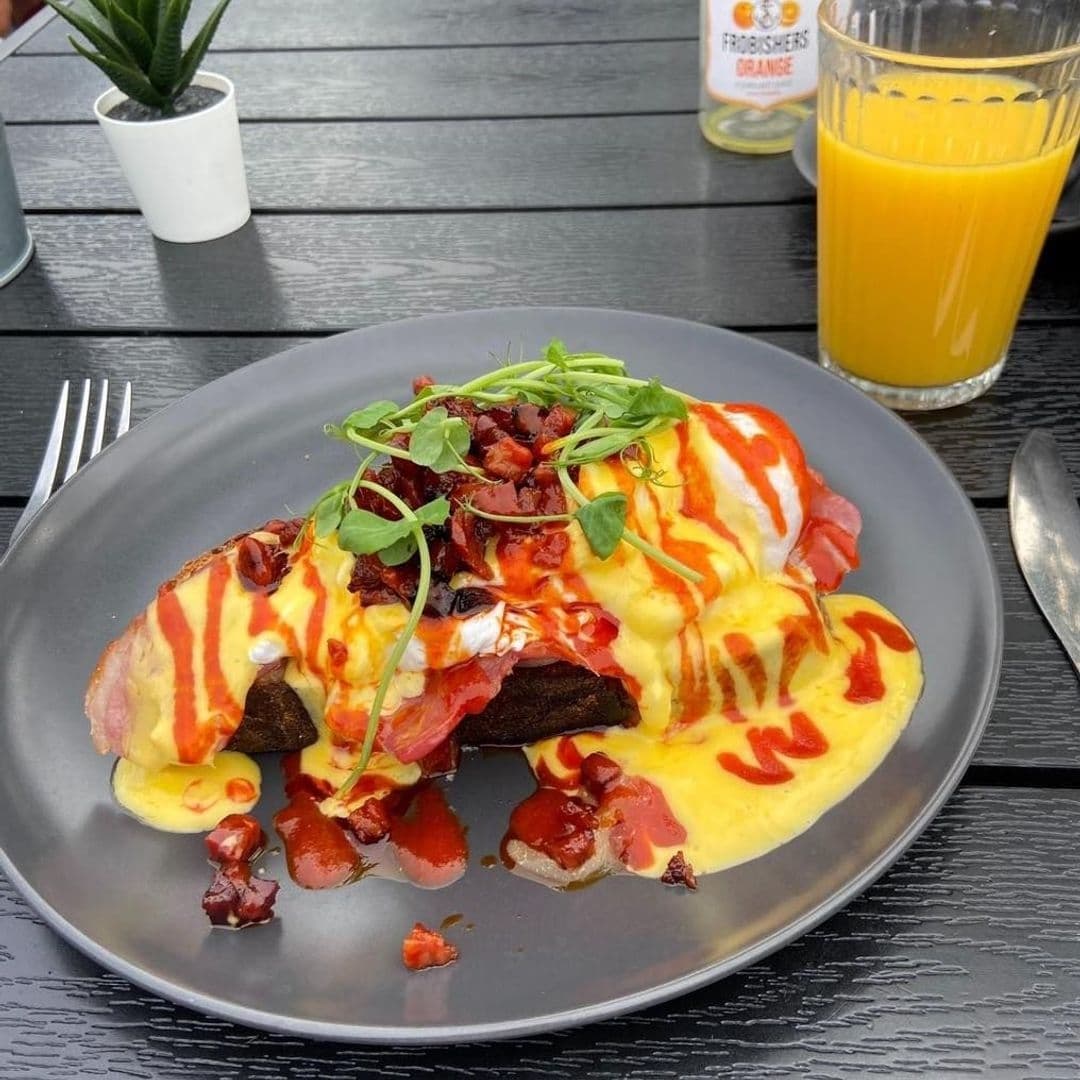 Eggs Benedict with ham and hollandaise sauce on toast, garnished with greens, served on a gray plate at Gray's, with a side of orange juice and a small potted plant on a black wooden table.