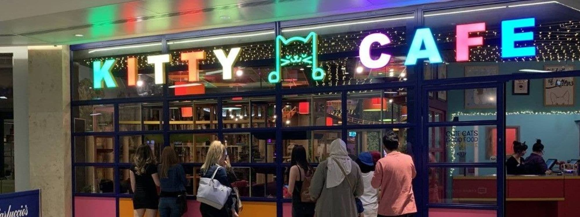 Visitors outside the vibrant entrance of Kitty Cafe with colorful neon signage and fairy lights.