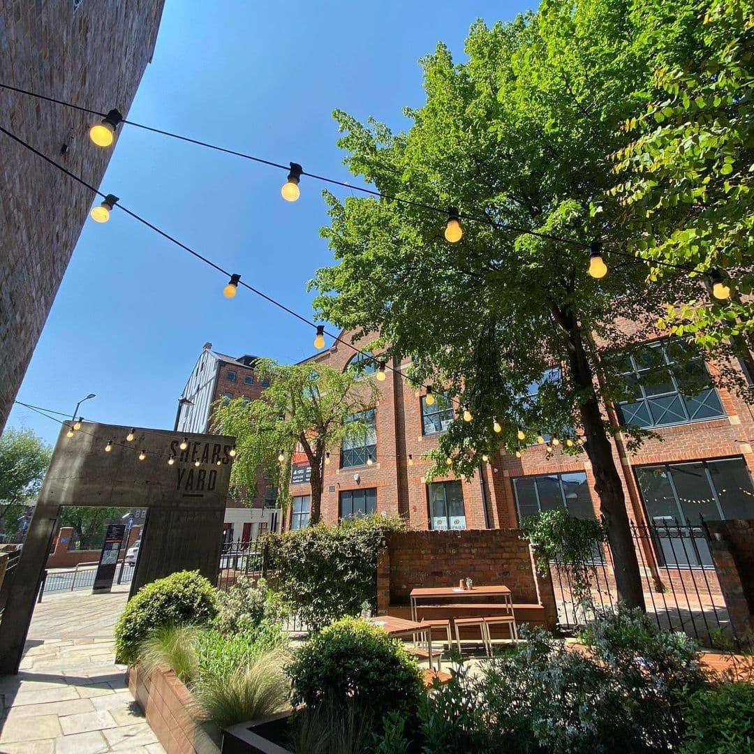 Sunny outdoor seating area at Shears Yard with string lights, green trees, and a view of the brick building façade.