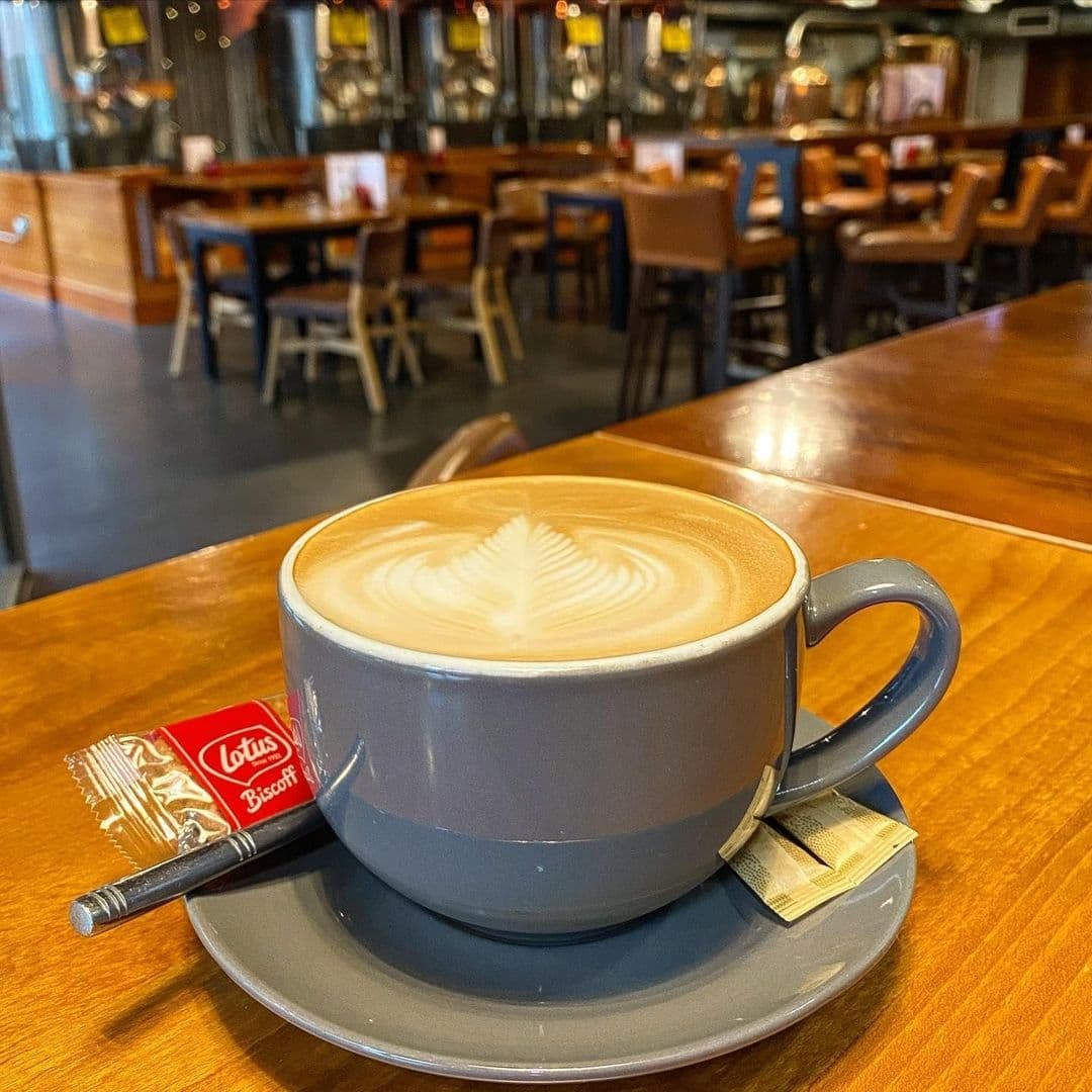 A freshly brewed latte with artful foam design in a gray cup on a saucer, accompanied by a Lotus Biscoff biscuit, on a wooden table at Tapped, with the cozy interior of the café blurred in the background.