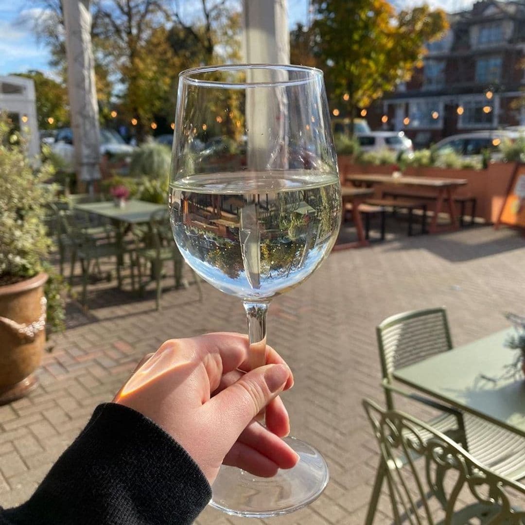 Person holding a glass of water at Hesco Lounge with outdoor seating and greenery in the background.