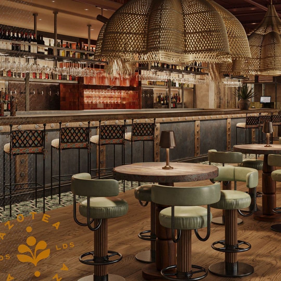 Stylish interior of Azotea featuring a bar with woven pendant lights, wooden tables, and modern seating. The bar is stocked with various drinks, creating a welcoming atmosphere for visitors.