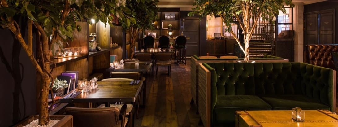 Cozy dining area with plush green seating, wooden tables, and warm lighting, accented by indoor trees and candles.