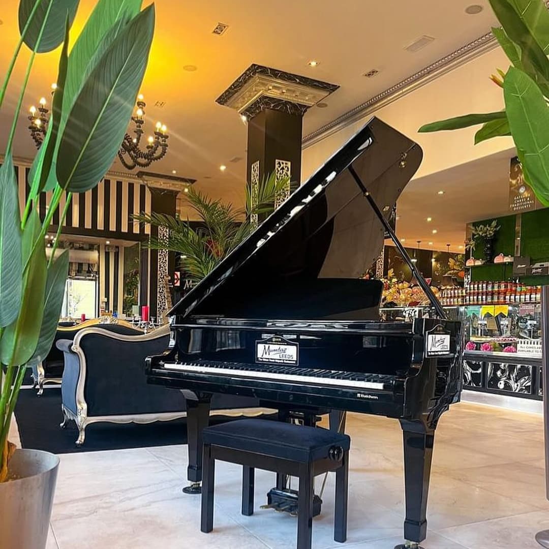 Elegant black grand piano in a stylish dining area, surrounded by lush greenery and chic decor.