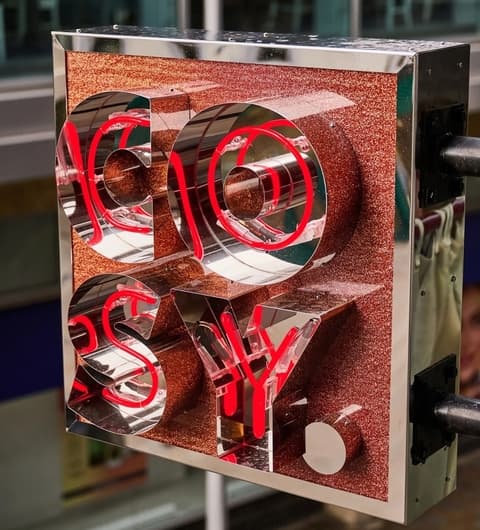 Bright neon sign reading "COSY" in bold letters, set against a sparkling copper background, exuding a warm, inviting atmosphere.