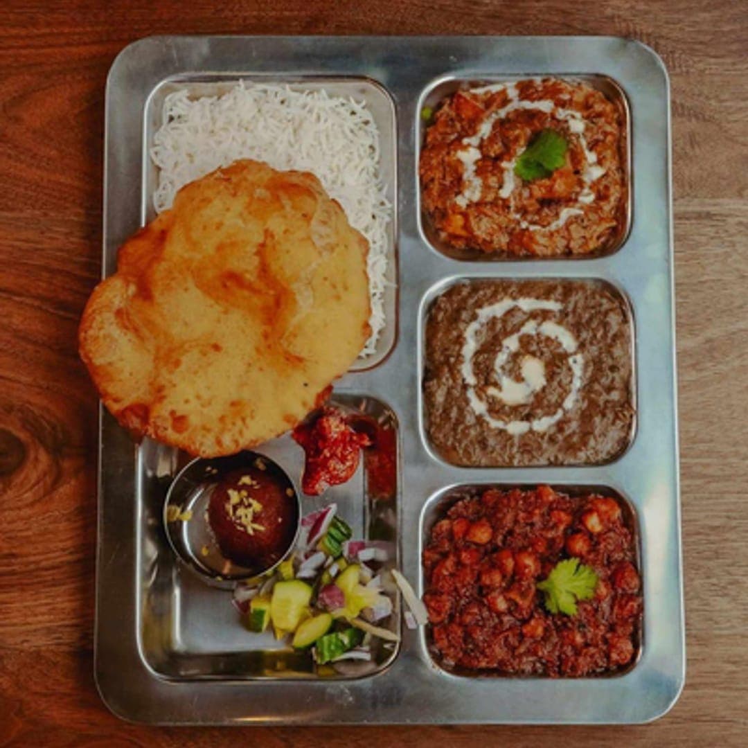 Thali platter with curries, dal, rice and bread at Aarti Indian Restaurant