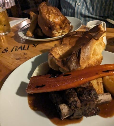 Sunday roast with Yorkshire pudding, roasted parsnips, and gravy at Boot and Rally Meanwood