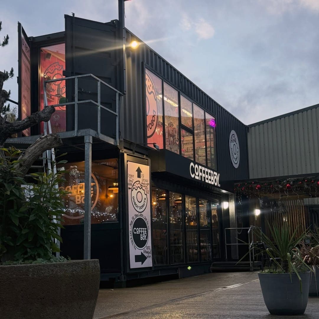 Coffeeboy Headingley exterior at dusk with atmospheric evening lighting