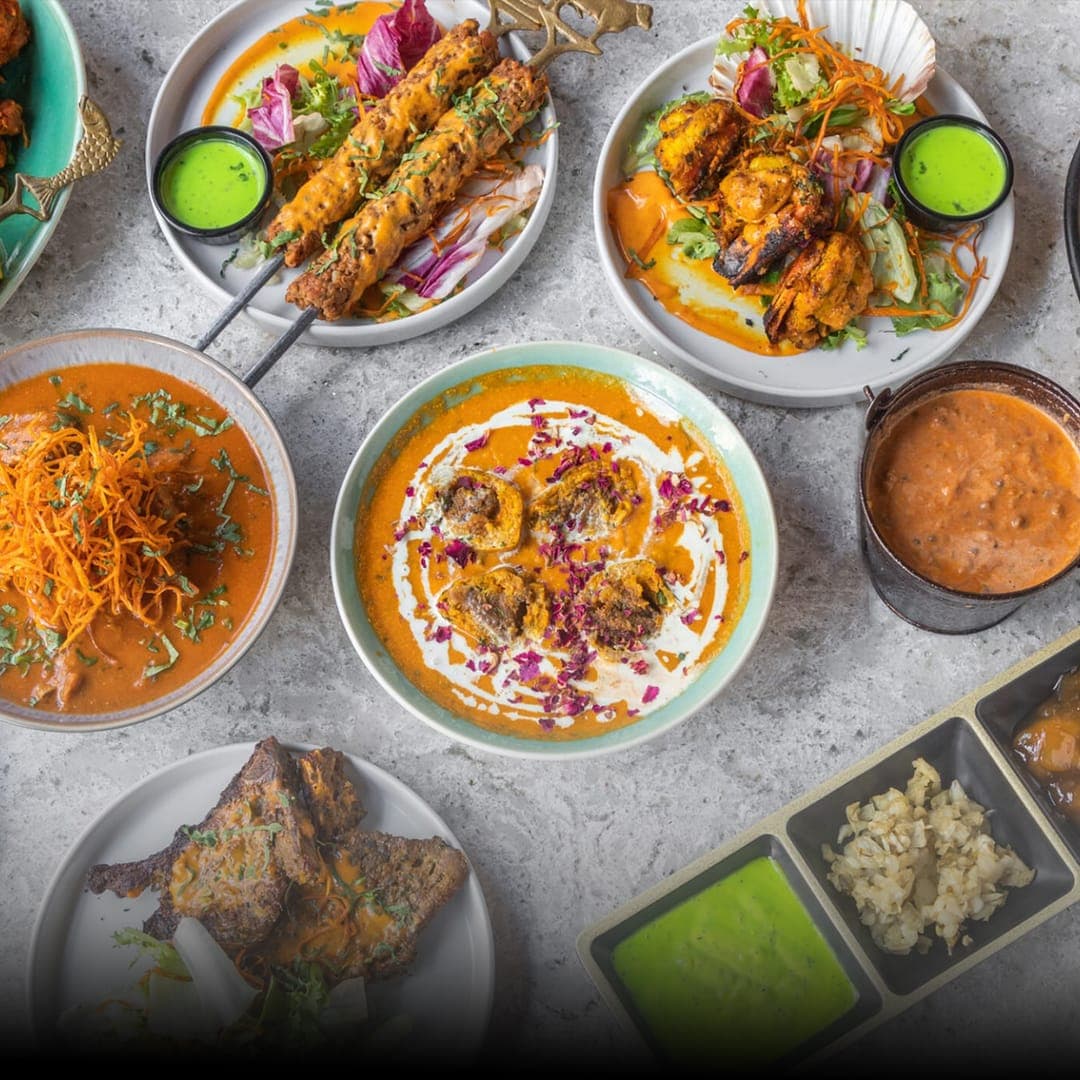 Delhi Wala Food overhead spread with kebabs, curries, chaats, and papad