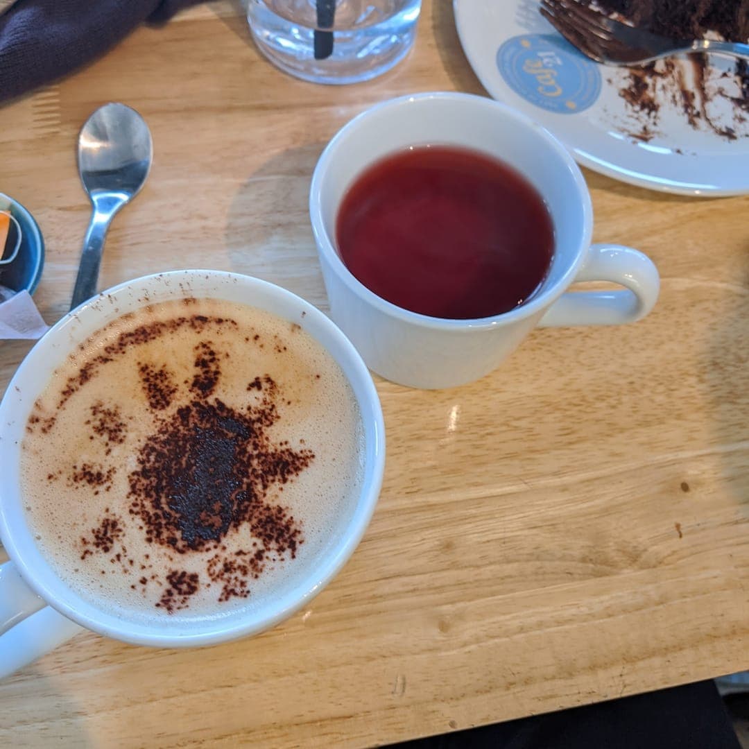 Cappuccino with cocoa art and tea served at 21 Co. cafe