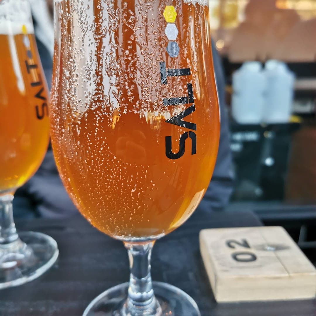 Salt craft beer in a branded glass at Boot and Rally bar Meanwood Leeds