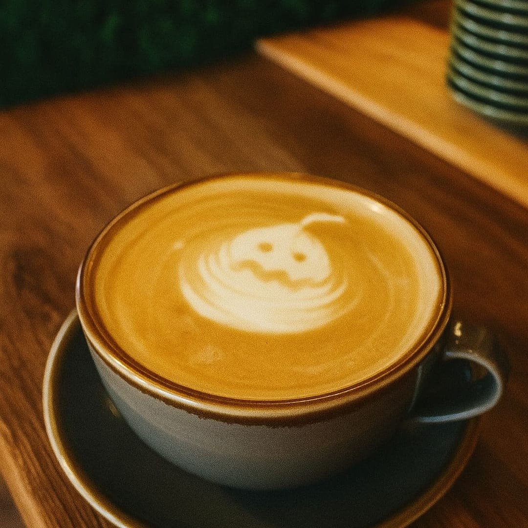 Smiley face latte art in a dark cup at Country Crust cafe Leeds
