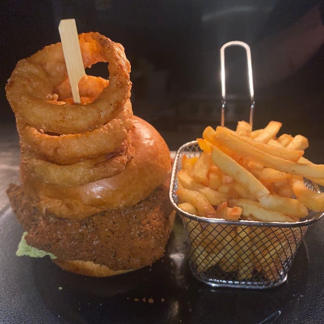 Vesper Gate — onion ring burger with chips