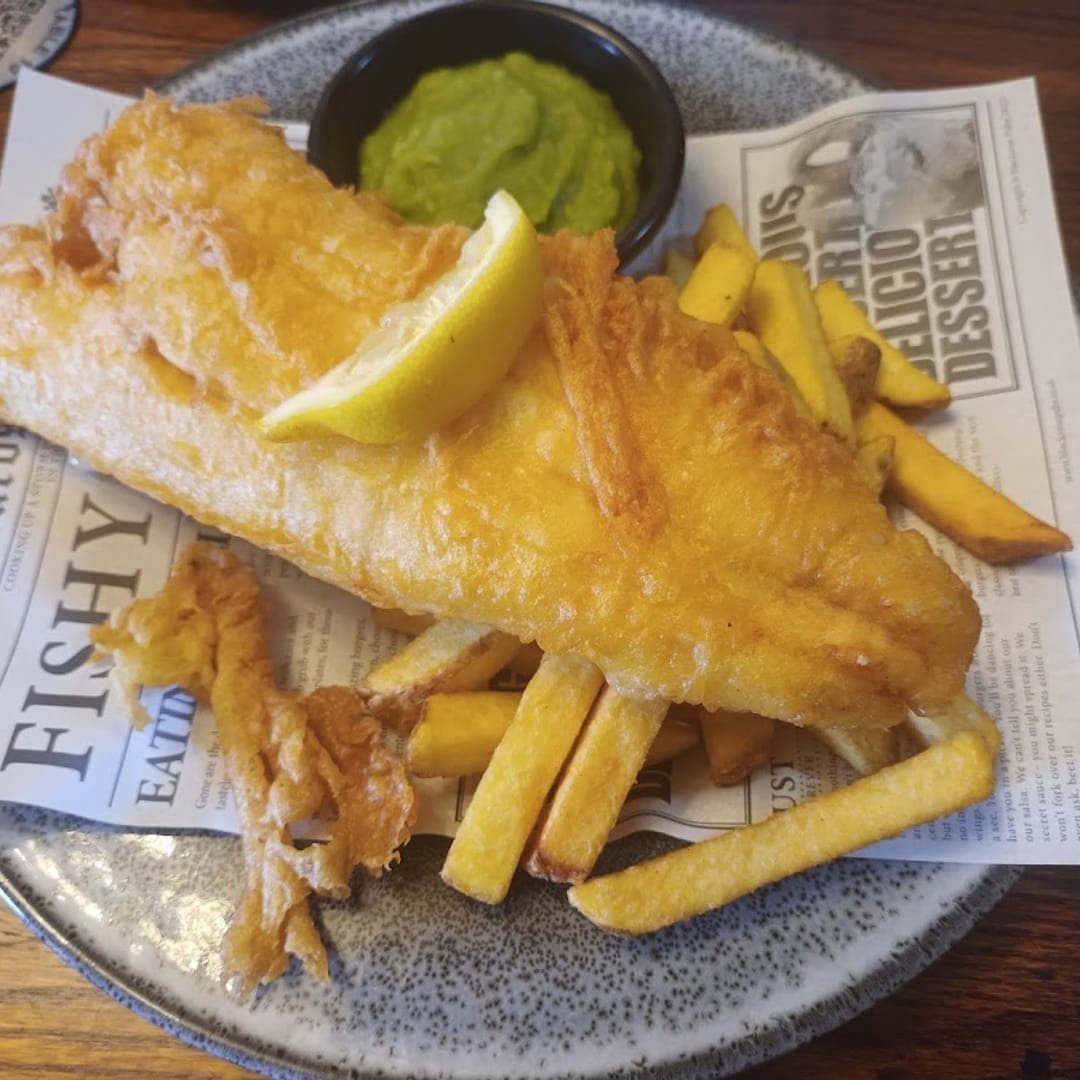 Vesper Gate — battered fish and chips with mushy peas