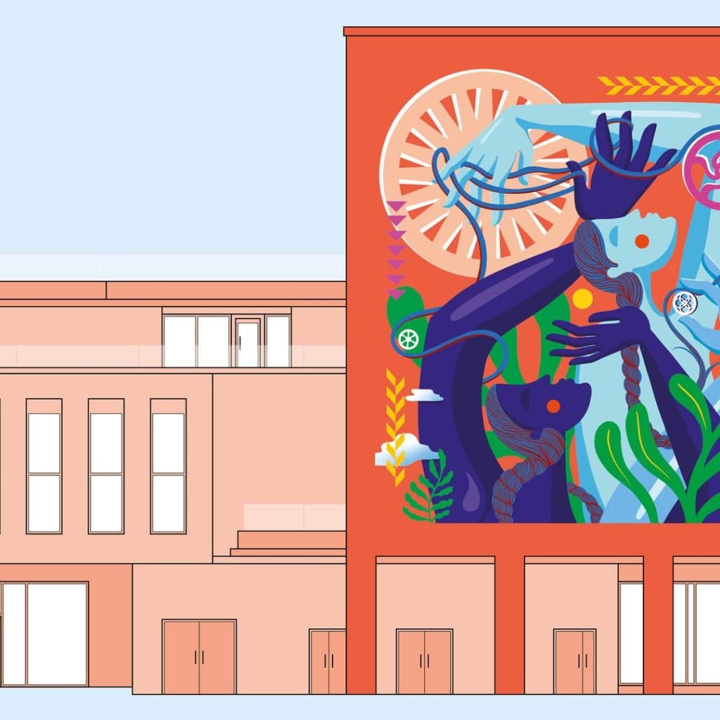 A Common Thread mural by Zoë Power on Mustard Wharf at Tower Works, Leeds — tribute to the female workforce of the Tower Works pin and wool industry