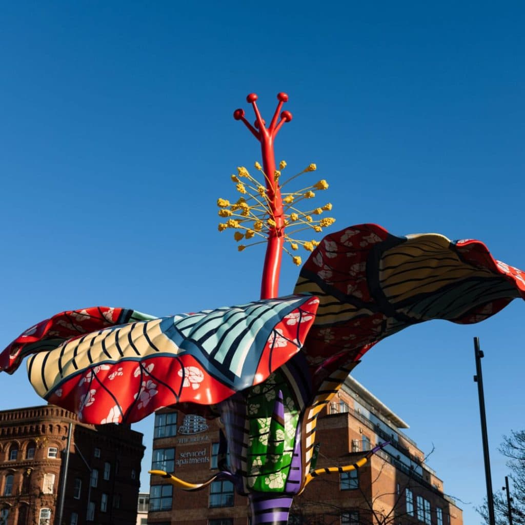 Hibiscus Rising bronze sculpture by Yinka Shonibare CBE RA at Aire Park, Leeds — 9.5m tribute to David Oluwale
