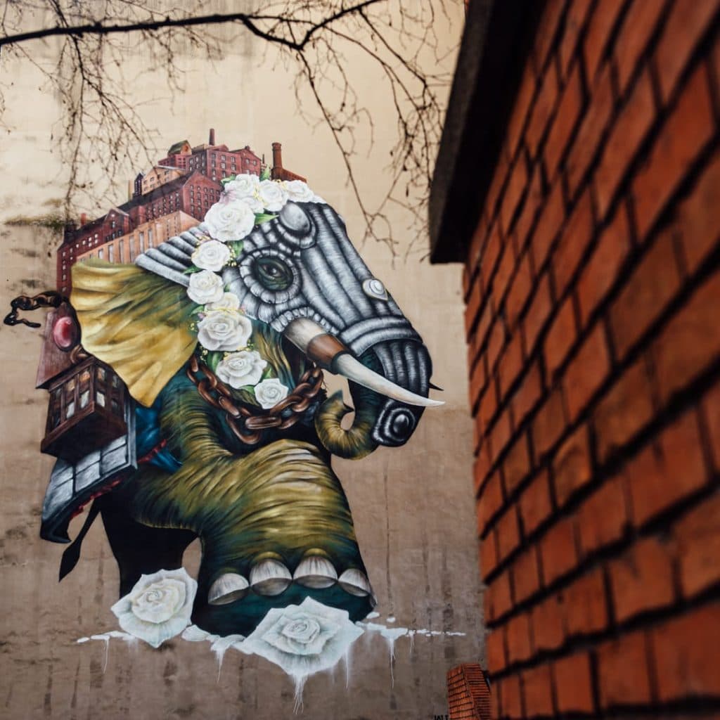 Winifred the armoured elephant mural by Qubek in the courtyard at York Place, Leeds — features Yorkshire white roses and the city's mill heritage