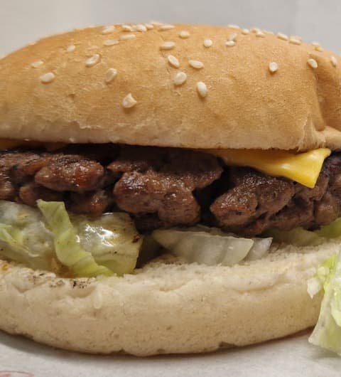 A smash cheeseburger with melted American cheese, lettuce and onion in a sesame bun at Fatbros, Bramley, Leeds.