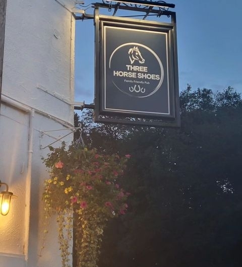 Three_Horse_Shoes_Oulton_Pub_Sign_Evening Signboard of Three Horse Shoes Oulton, a family-friendly pub, illuminated in the evening with a hanging flower basket nearby.