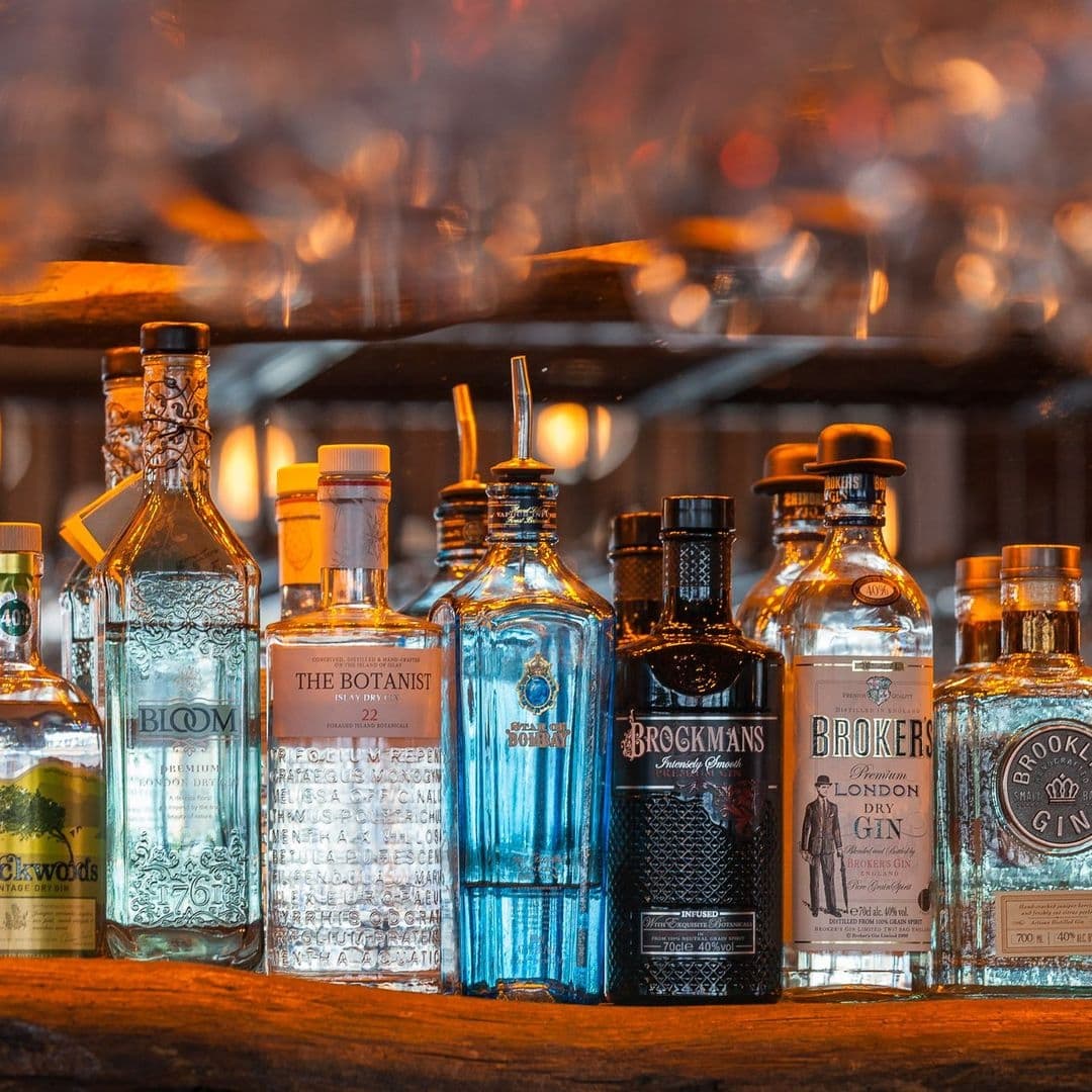 Estabulo The Light_Artisan Gin Selection_Bar Ambiance Variety of gin bottles on a bar shelf at Estabulo – The Light, with warm ambient lighting in the background.