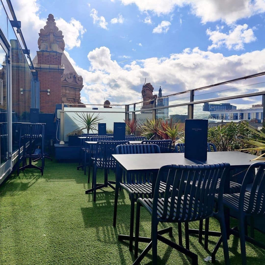 HARVEY NICHOLS Fourth Floor Brasserie Sunny Rooftop Terrace Outdoor seating area at Harvey Nichols Fourth Floor Brasserie & Bar with blue chairs and tables, artificial grass, and glass balustrades under a blue sky with scattered clouds.