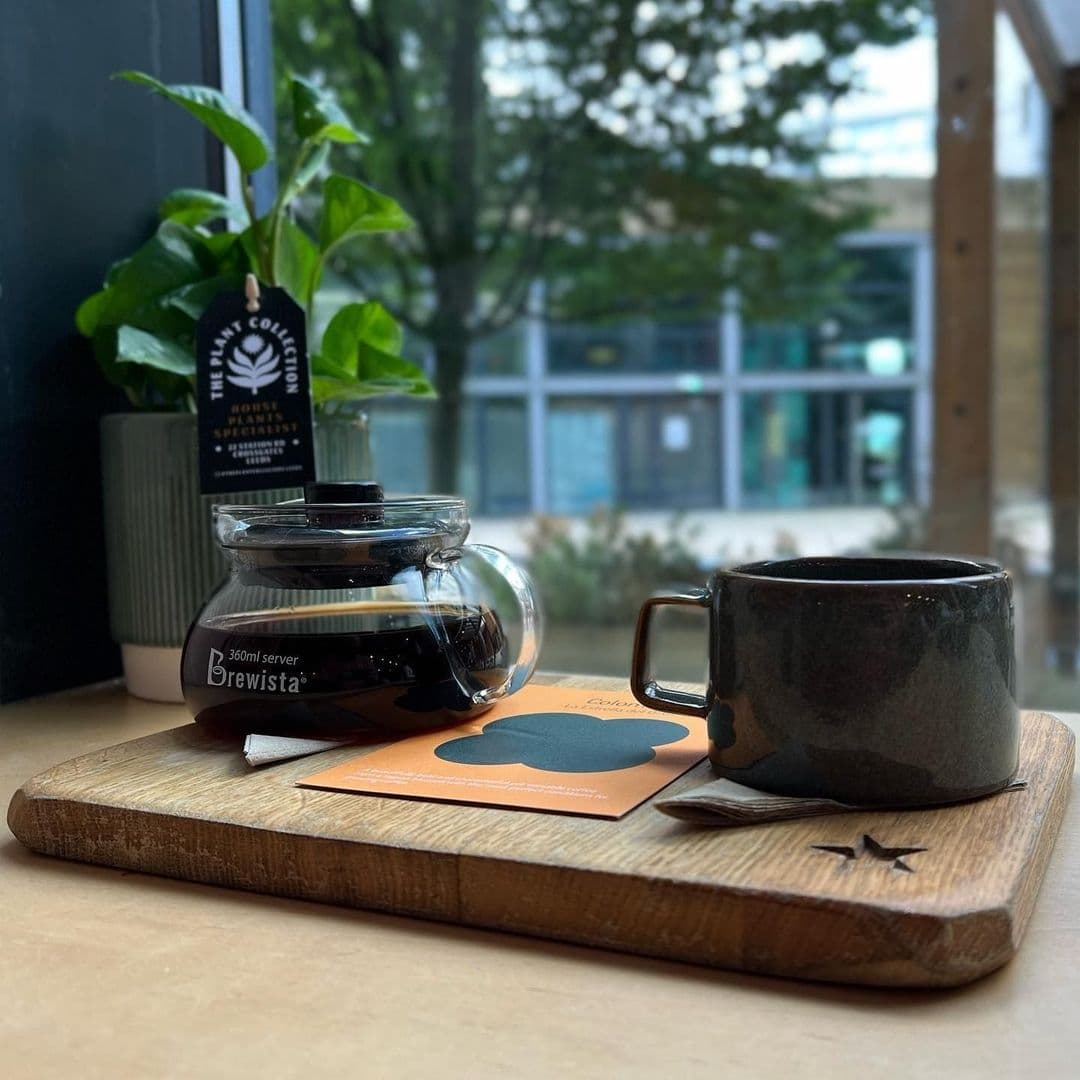 North_Star_Coffee_Shop_Cozy_Coffee_Setup_Window_View A cozy coffee setup at North Star Coffee Shop featuring a dark ceramic mug, a clear Brewista coffee server on a wooden tray, with a potted plant in the background and a view of the street through the window.