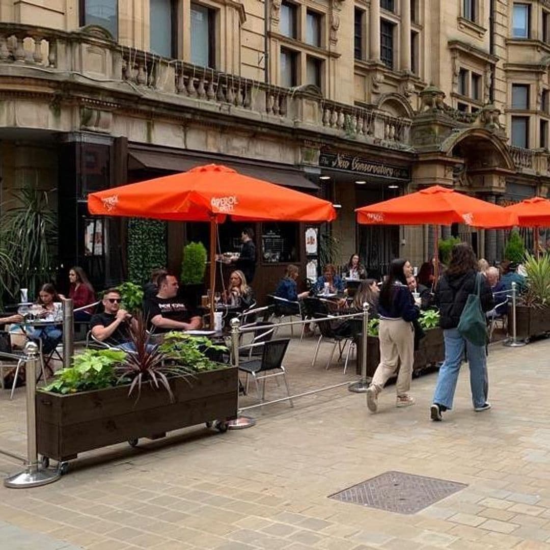 The New Conservatory Outdoor Dining Patio Umbrellas Casual Atmosphere Outdoor seating at The New Conservatory with patrons dining under orange umbrellas, surrounded by green plants.