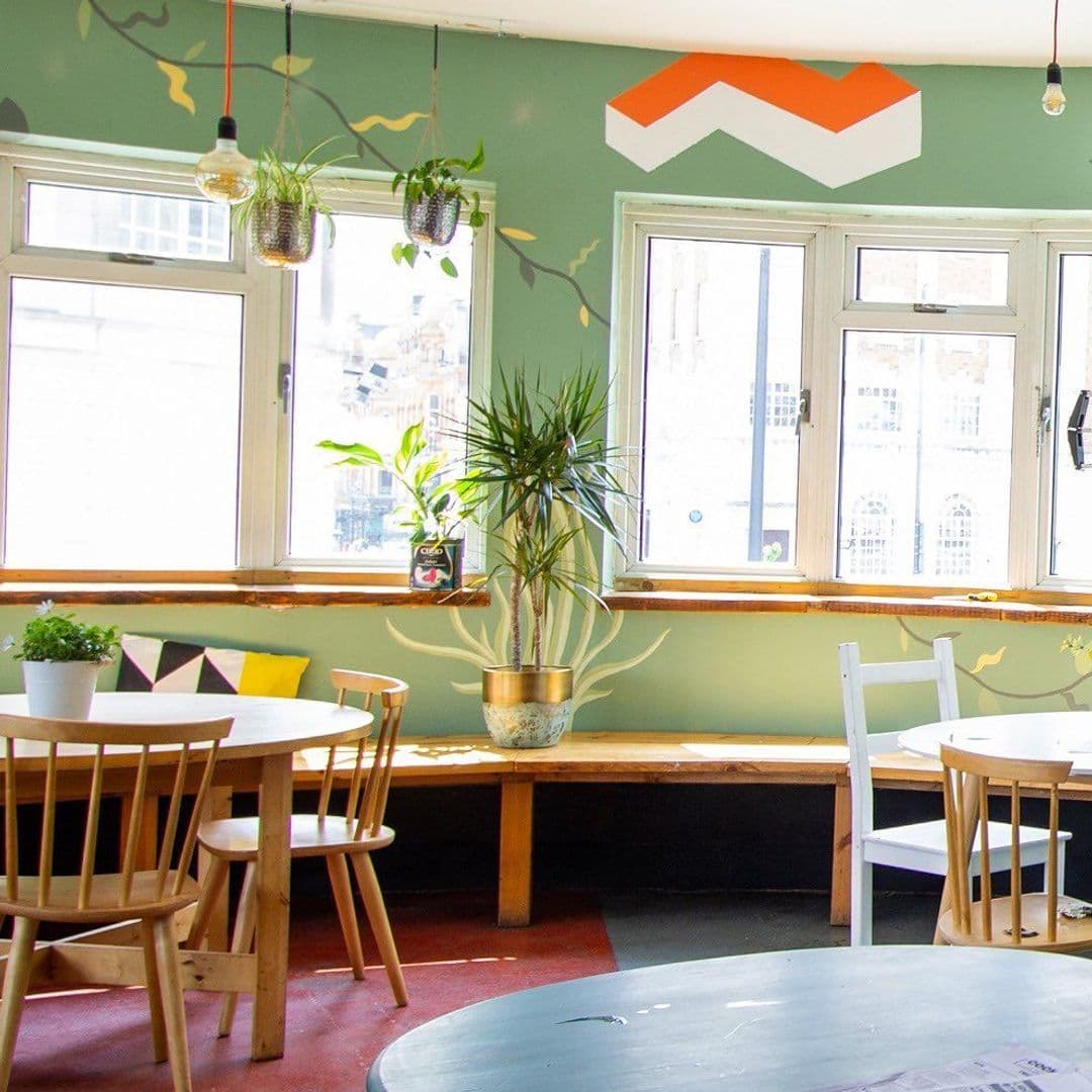 The Old Red Bus Station Bright Cafe Interior Plants Design Interior of The Old Red Bus Station showing a cozy cafe environment with wooden furniture, potted plants, and bright natural light from windows.