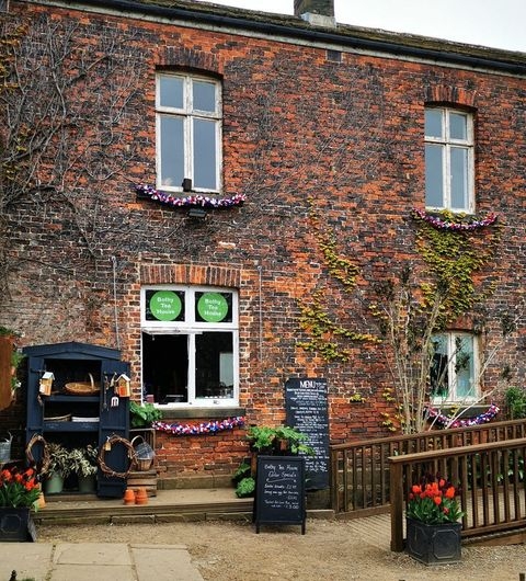 Terrace Tearoom charming exterior flower boxes historic building cafe A charming brick building featuring large windows adorned with flower boxes, the Terrace Tearoom has a welcoming entrance with a wooden deck. Potted flowers and a menu board are displayed outside, creating a cozy atmosphere for visitors.