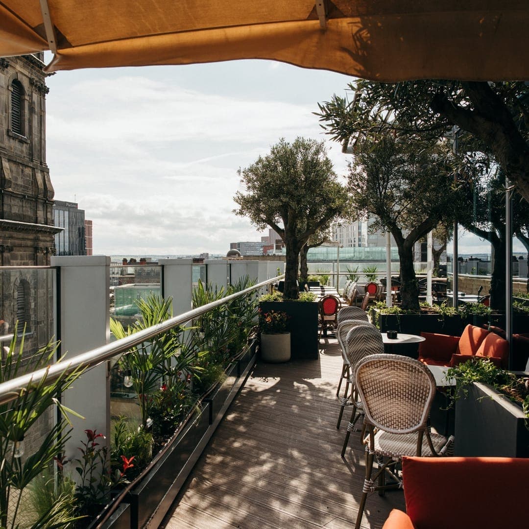 crowdedhouse-gallery-04 CrowdedHouse rooftop terrace with olive trees, bistro chairs and Leeds church tower in background