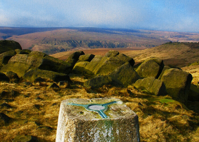 Trig point at the top of a hill on the Yorkshire Three Peaks